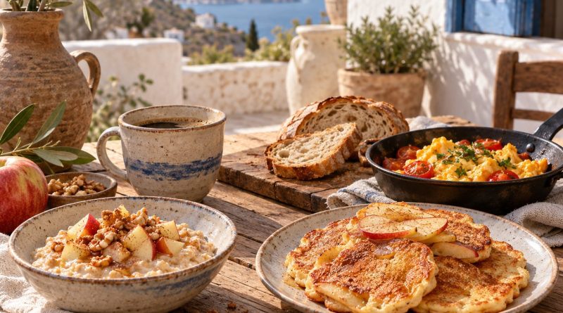 Frühstücksideen mit Porridge, Apfel-Pancakes und Rührei auf einem rustikalen griechischen Tisch