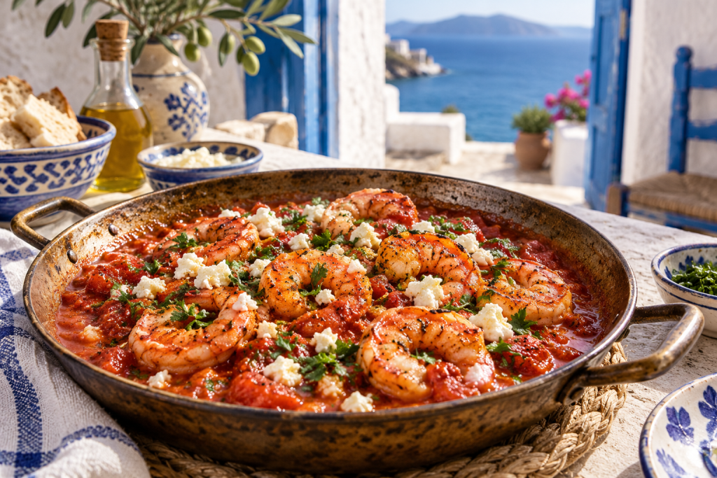 Garides Saganaki – Garnelen mit Feta in einer warmen griechischen Küchenatmosphäre