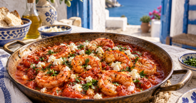 Garides Saganaki – Garnelen mit Feta in einer warmen griechischen Küchenatmosphäre