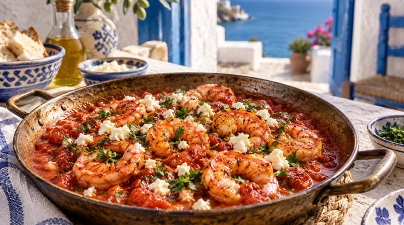 Garides Saganaki – Garnelen mit Feta in einer warmen griechischen Küchenatmosphäre