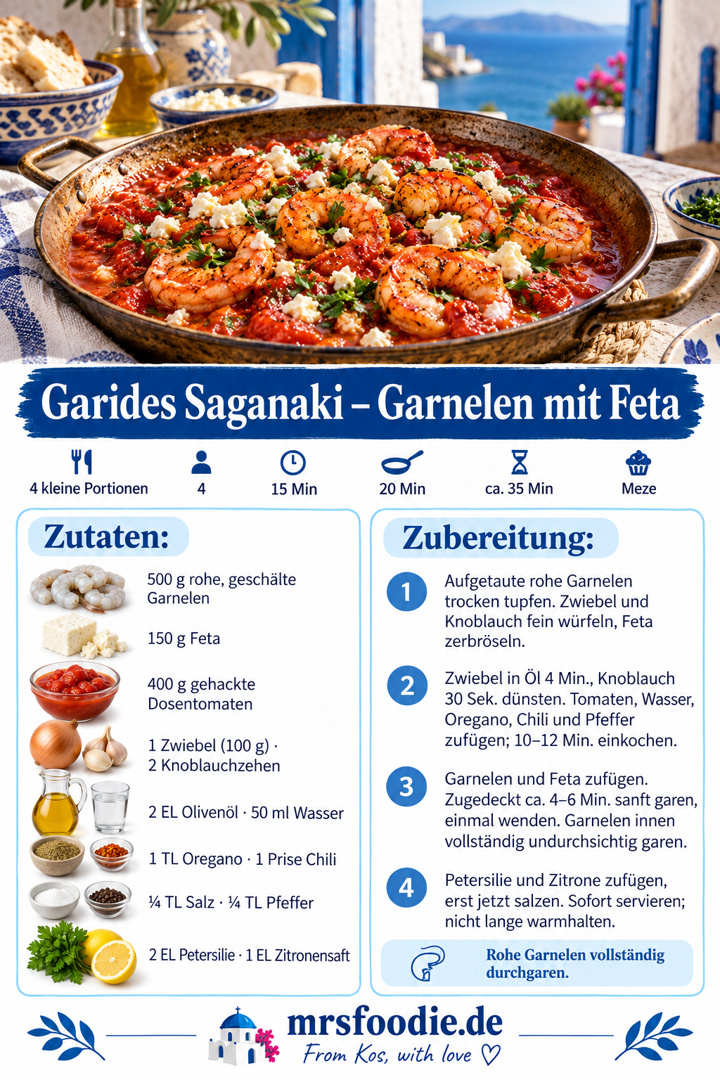 Garides Saganaki – Garnelen mit Feta – Pinterest-Rezeptkarte mit Zutaten und Kurzanleitung