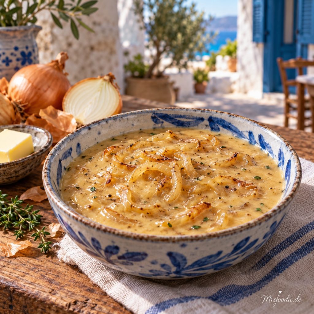 Geschmorte Zwiebel-Rahmsauce in handgemachter blau-weißer Keramik