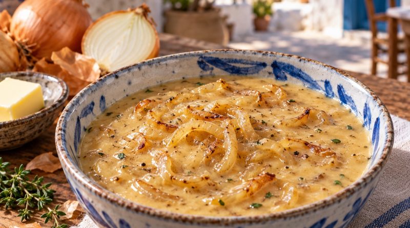 Geschmorte Zwiebel-Rahmsauce in handgemachter blau-weißer Keramik