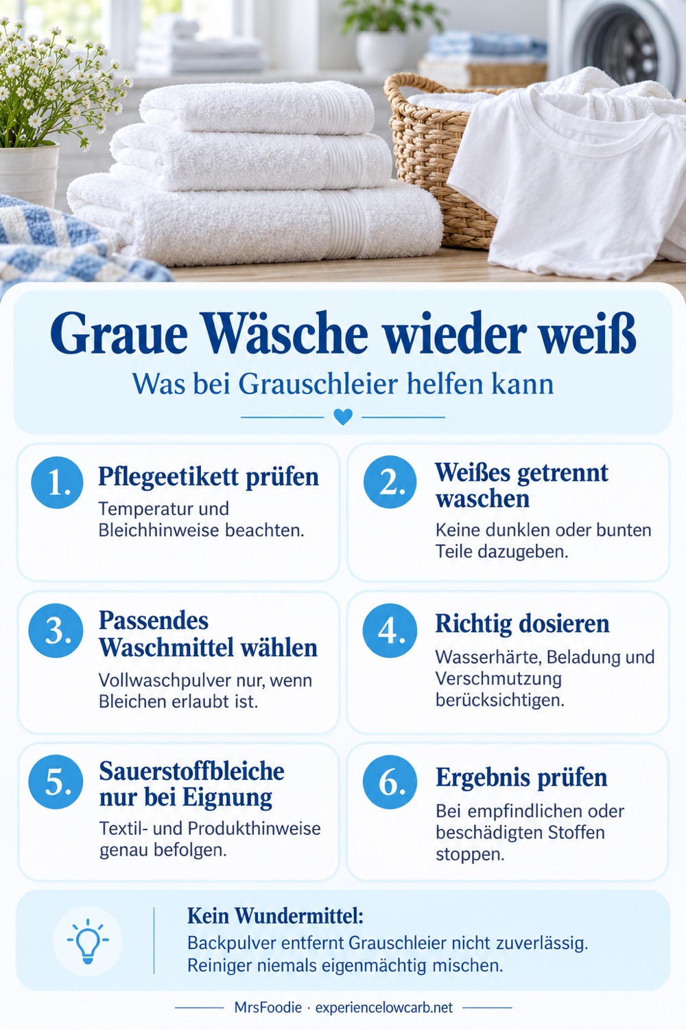 Pinterest-Merkkarte: Graue Wäsche wieder weiß bekommen mit sechs Tipps zu Pflegeetikett, Waschmittel und Dosierung.