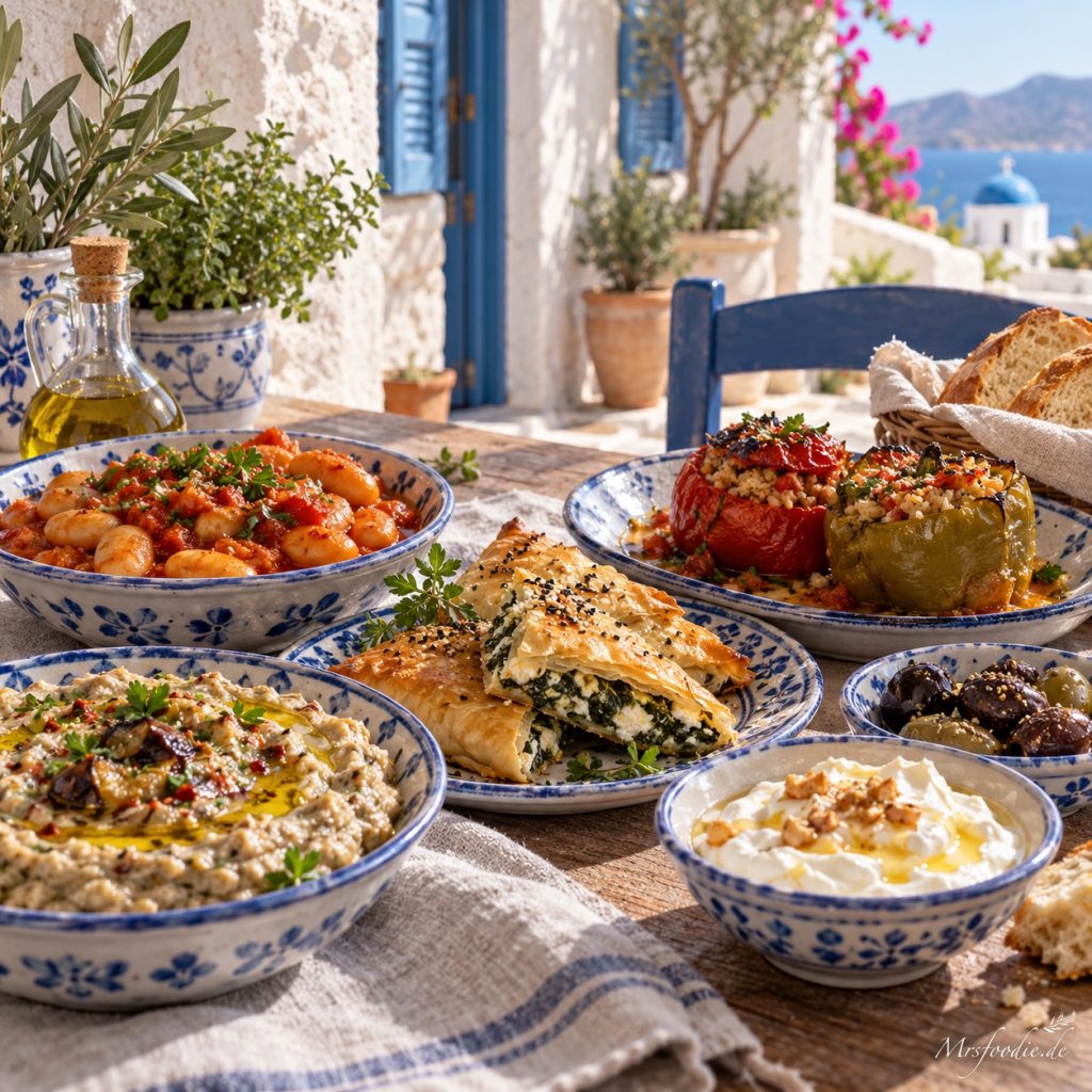 Griechische Gerichte auf einem rustikalen Tisch mit gefüllten Paprika, Bohnen und Dips