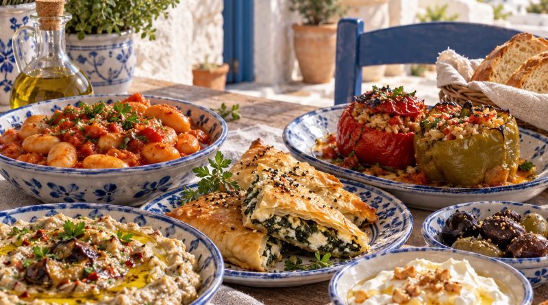 Griechische Gerichte auf einem rustikalen Tisch mit gefüllten Paprika, Bohnen und Dips