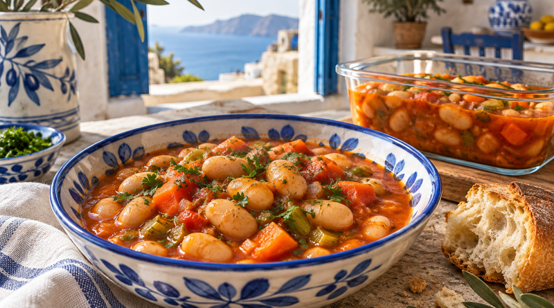 Griechischer Eintopf mit weißen Bohnen, Tomaten, Karotten, Sellerie und Petersilie.