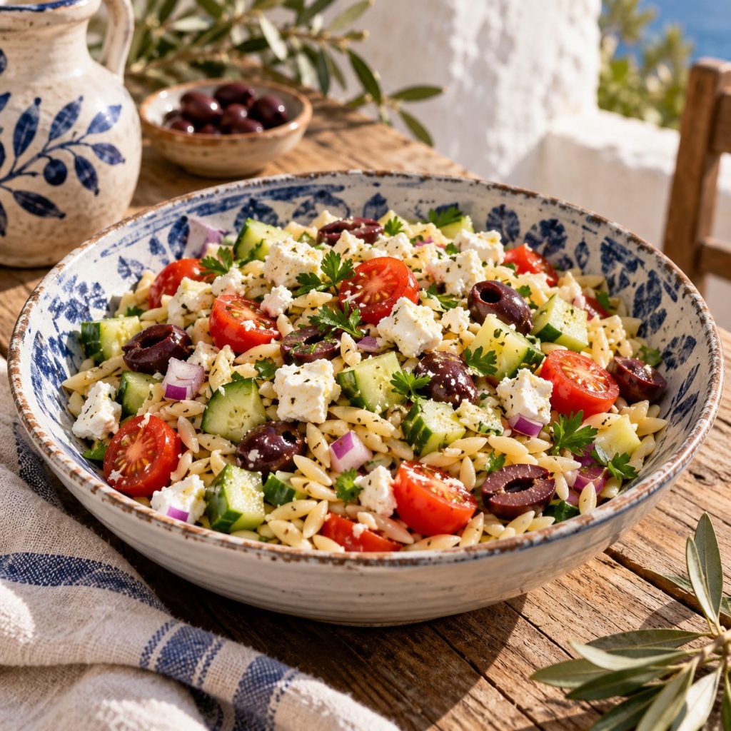 Griechischer Orzo-Salat in einer rustikalen griechischen Küche