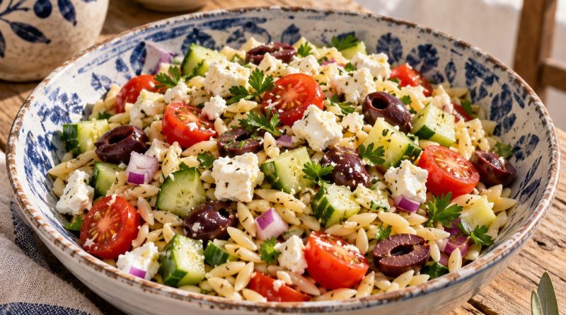 Griechischer Orzo-Salat in einer rustikalen griechischen Küche