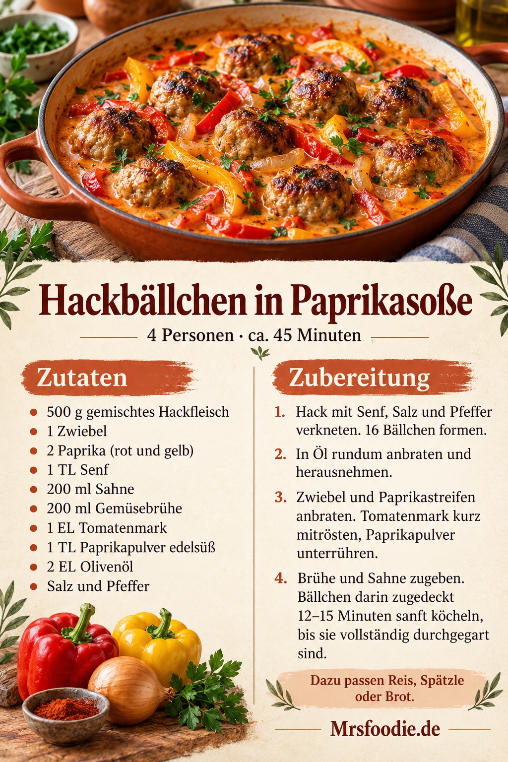 Hackbällchen in Paprikasoße: Pinterest-Rezeptkarte mit Zutaten und Zubereitung