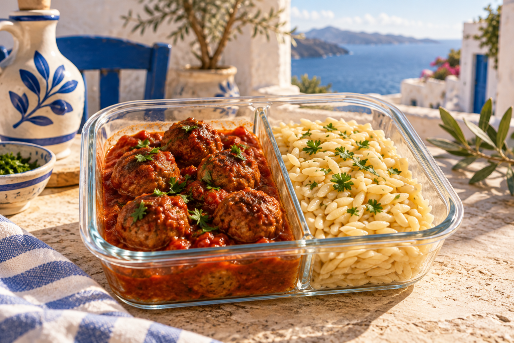 Hackbällchen in roter Tomatensauce mit Petersilie und separat portionierten Kritharaki in einer Meal-Prep-Box.