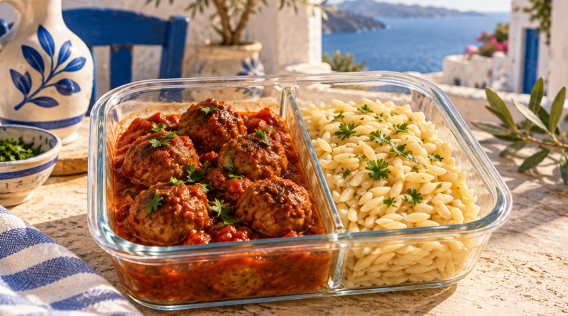 Hackbällchen in roter Tomatensauce mit Petersilie und separat portionierten Kritharaki in einer Meal-Prep-Box.