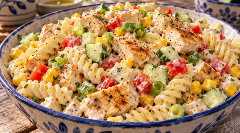 Hähnchen-Nudelsalat in einer rustikalen griechischen Küche
