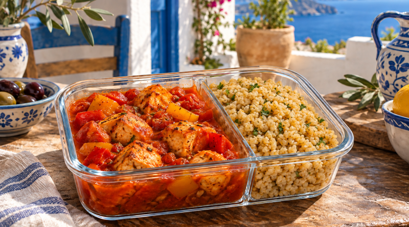 Hähnchen-Paprika-Gulasch in tomatiger Sauce mit separat portioniertem Bulgur.