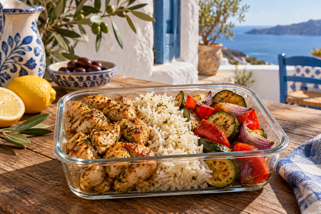 Meal-Prep-Box mit Zitronen-Oregano-Hähnchen, Reis, gerösteter Zucchini, Paprika und roten Zwiebeln.