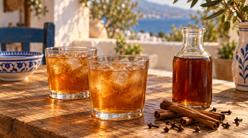 Kanelada aus Kos – Zimtsirup für ein griechisches Erfrischungsgetränk in warmer, rustikaler griechischer Küchenatmosphäre