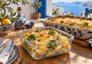 Kartoffel-Brokkoli-Auflauf mit Hähnchen, cremiger Frischkäsesauce und goldbraunem Käse.