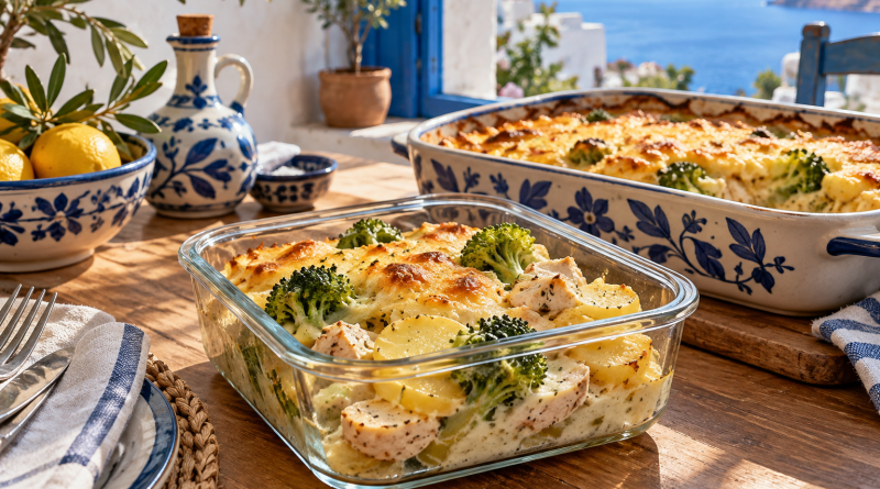 Kartoffel-Brokkoli-Auflauf mit Hähnchen, cremiger Frischkäsesauce und goldbraunem Käse.