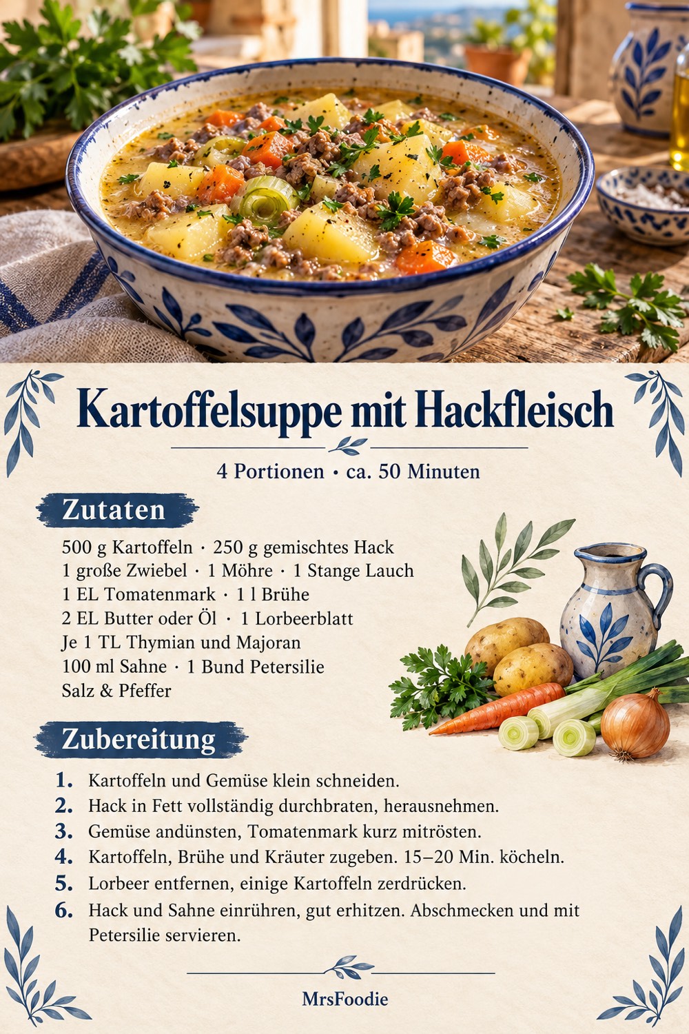 Pinterest-Rezeptkarte: Kartoffelsuppe mit Hackfleisch mit Zutaten und kurzer Zubereitungsanleitung.