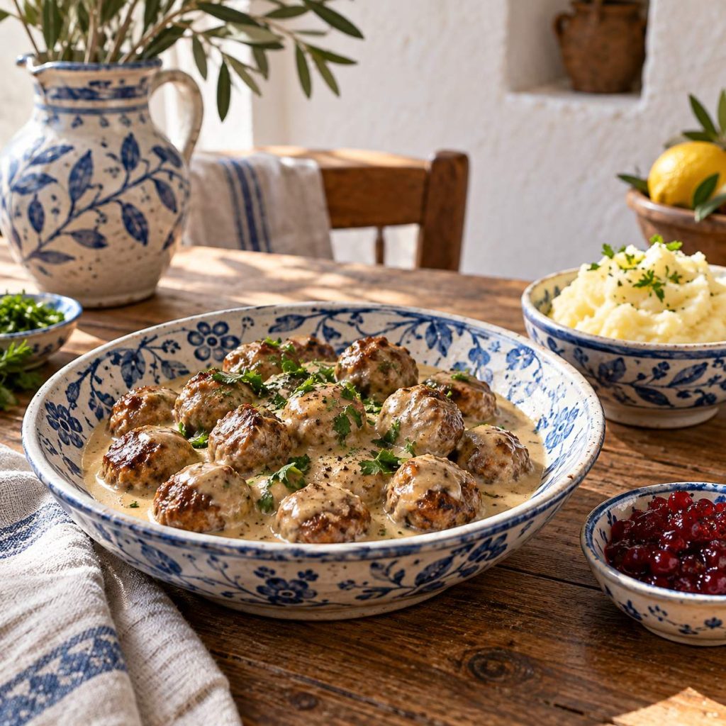 Köttbullar mit cremiger Rahmsauce – angerichtetes Gericht