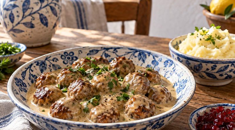 Köttbullar mit cremiger Rahmsauce – angerichtetes Gericht