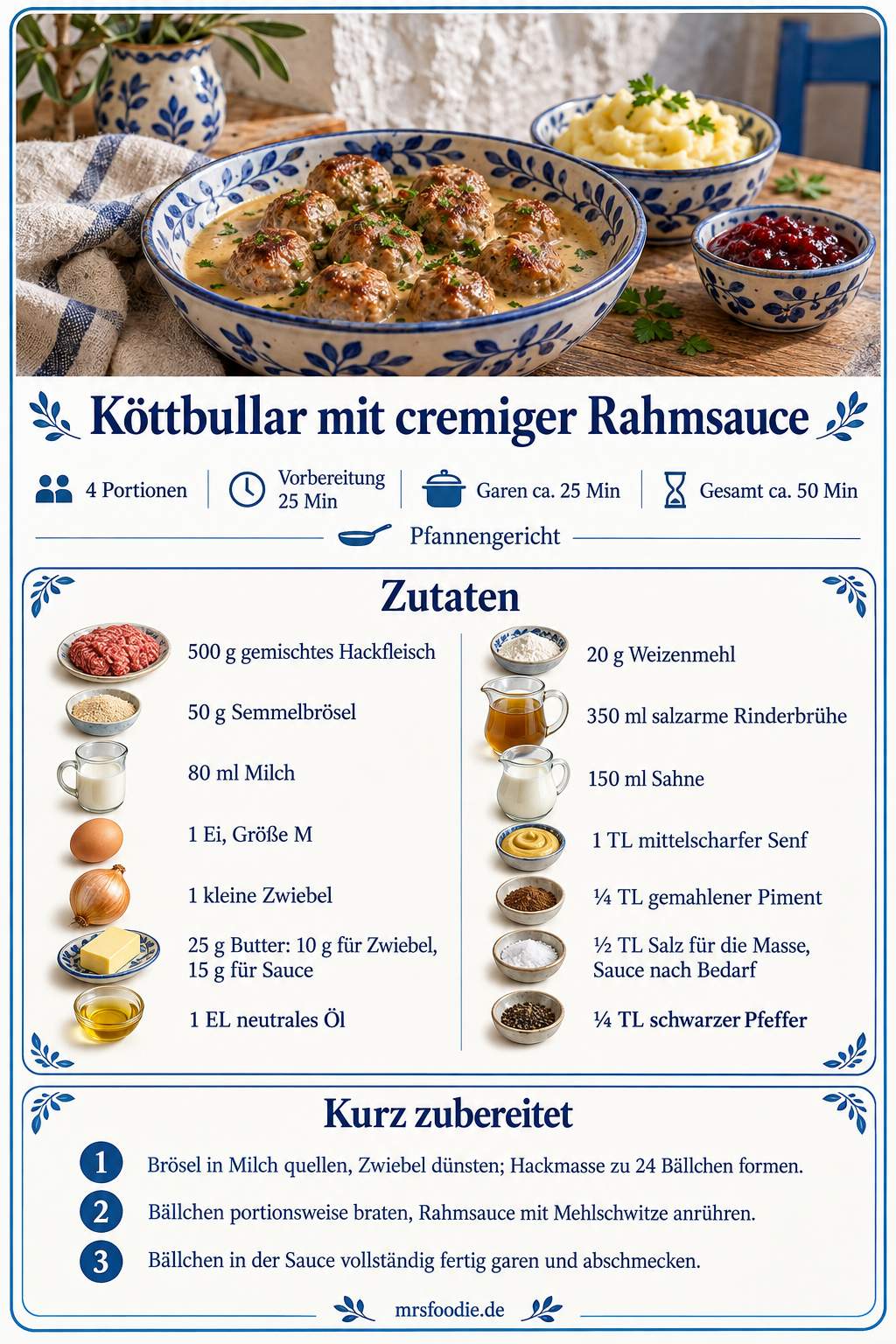 Köttbullar mit cremiger Rahmsauce – Pinterest-Rezeptkarte mit Zutaten und Kurzanleitung