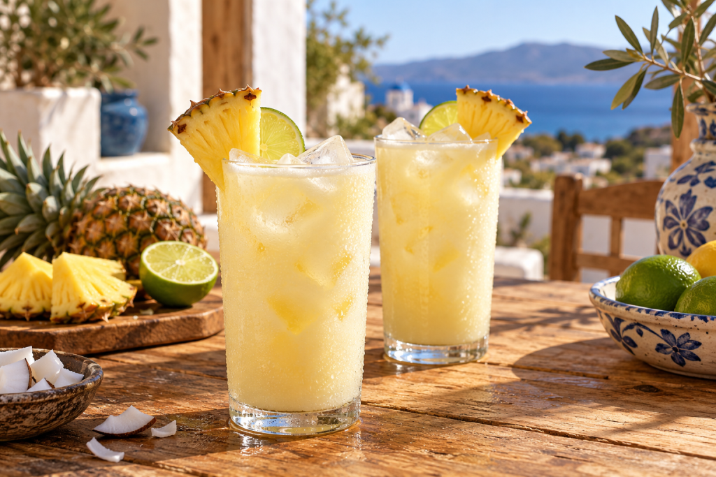 Zwei Gläser cremige Kokos-Inselbrise mit Eis, Ananas und Limette auf einem Holztisch