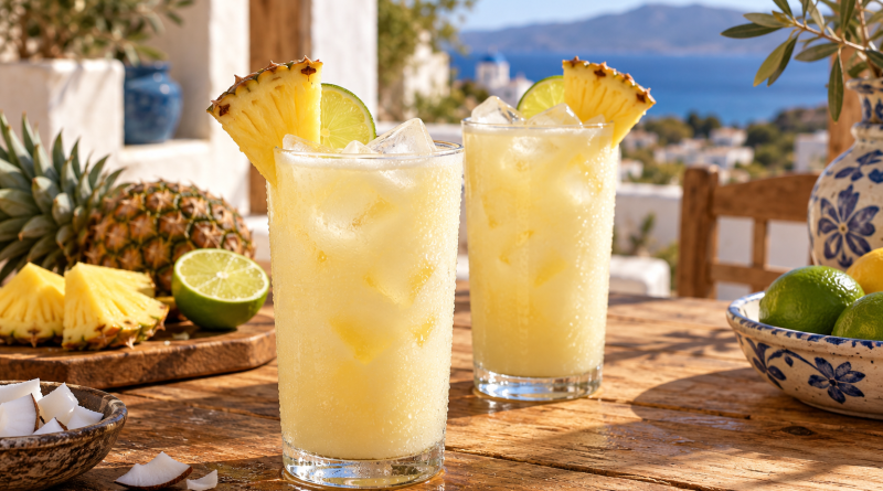 Zwei Gläser cremige Kokos-Inselbrise mit Eis, Ananas und Limette auf einem Holztisch