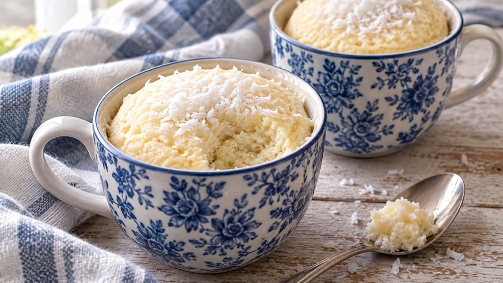Zwei Kokos-Tassenkuchen mit Hüttenkäse in blau-weißen Tassen, einer mit ausgelöffeltem Stück und Kokosraspeln.
