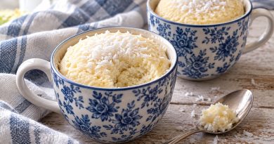 Zwei Kokos-Tassenkuchen mit Hüttenkäse in blau-weißen Tassen, einer mit ausgelöffeltem Stück und Kokosraspeln.