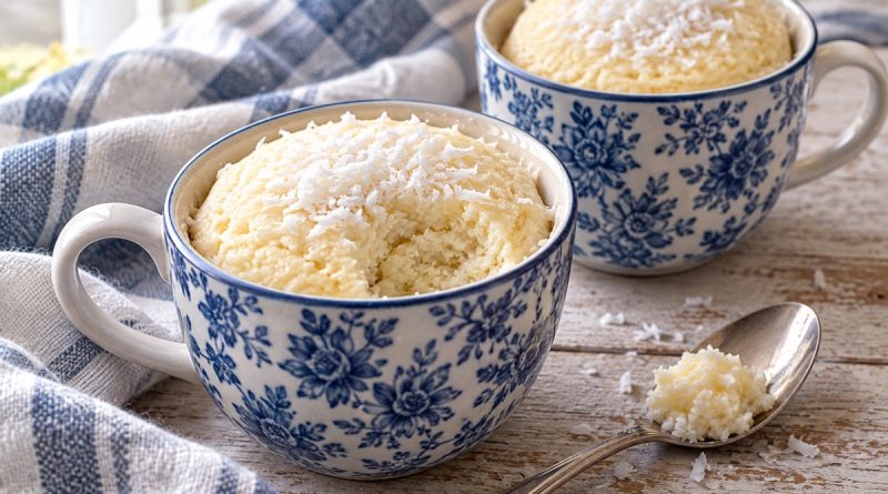 Zwei Kokos-Tassenkuchen mit Hüttenkäse in blau-weißen Tassen, einer mit ausgelöffeltem Stück und Kokosraspeln.