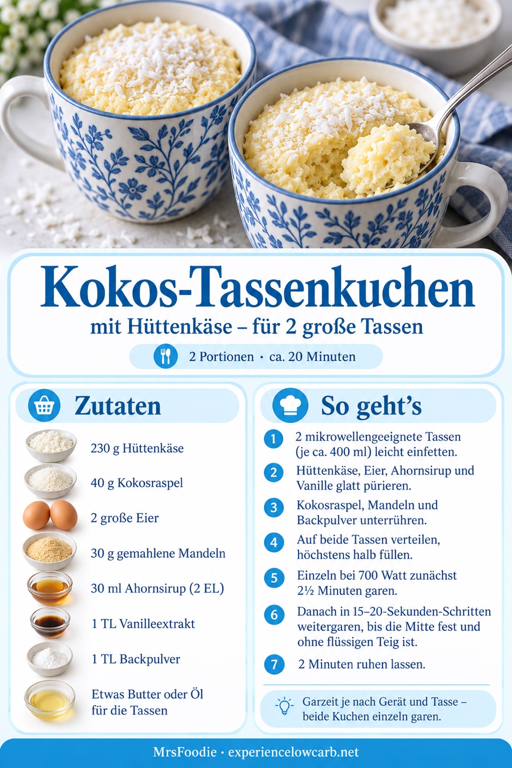 Pinterest-Rezeptkarte für Kokos-Tassenkuchen mit Hüttenkäse für zwei große Tassen mit Zutaten und Mikrowellen-Zubereitung.