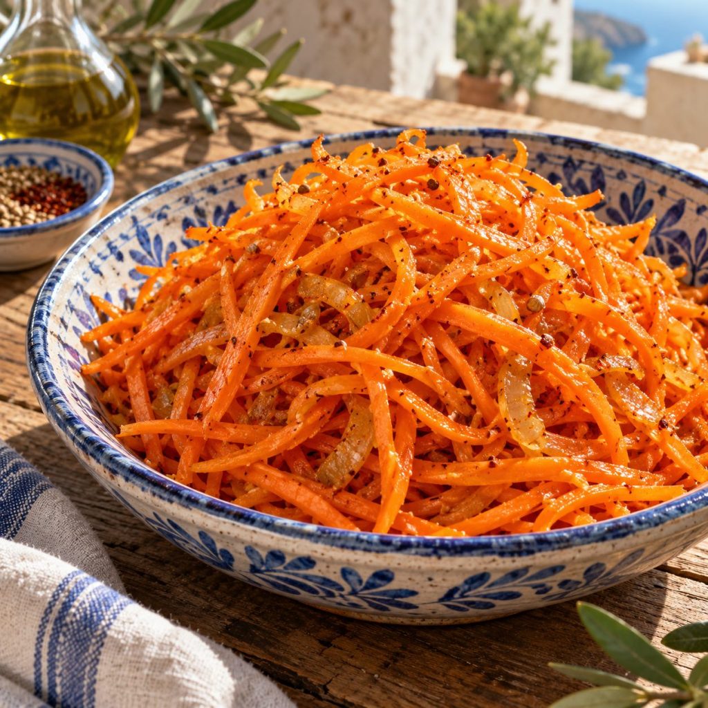 Koreanischer Karottensalat in einer rustikalen griechischen Küche