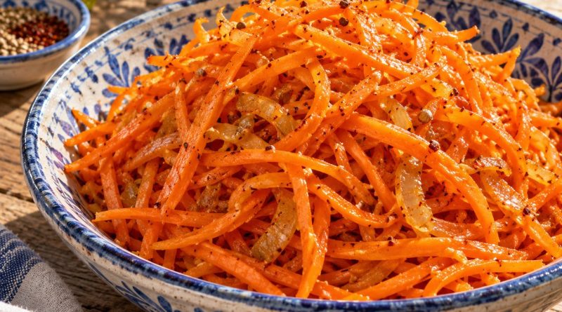 Koreanischer Karottensalat in einer rustikalen griechischen Küche