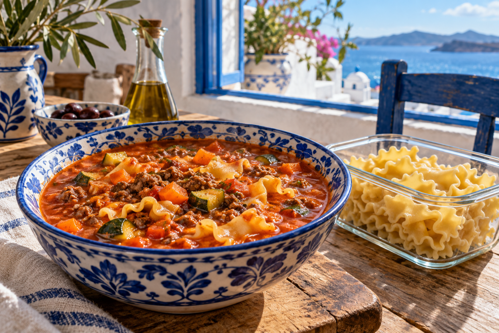 Tomatige Lasagne-Suppe mit Hackfleisch, Gemüse und breiten Nudelstücken; zusätzliche Nudeln sind separat portioniert.