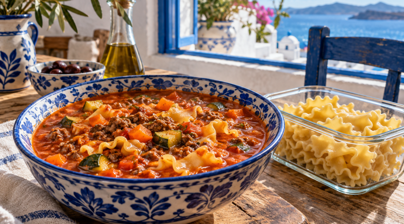 Tomatige Lasagne-Suppe mit Hackfleisch, Gemüse und breiten Nudelstücken; zusätzliche Nudeln sind separat portioniert.