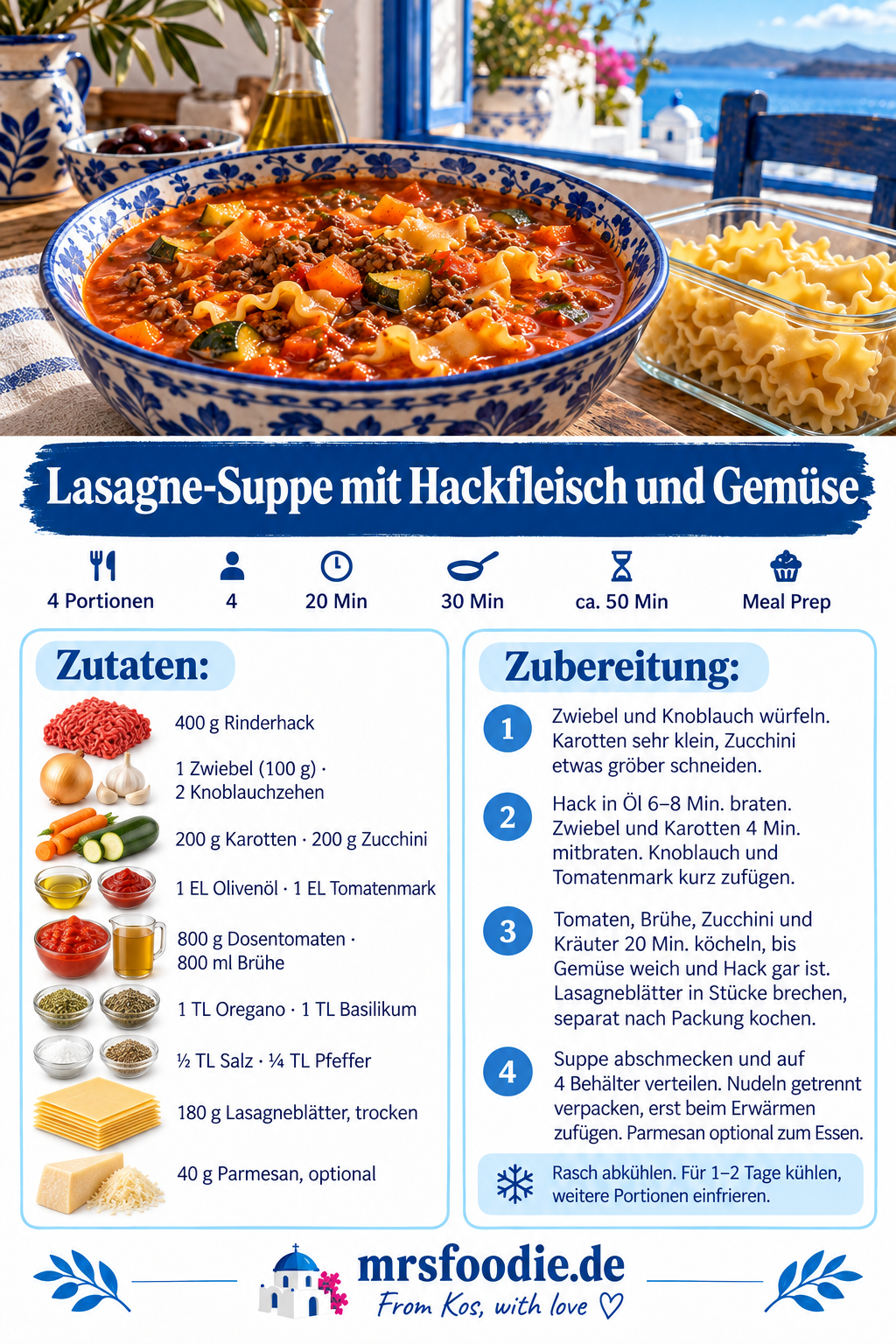 Lasagne-Suppe mit Hackfleisch und Gemüse – Pinterest-Rezeptkarte mit Zutaten und Kurzanleitung