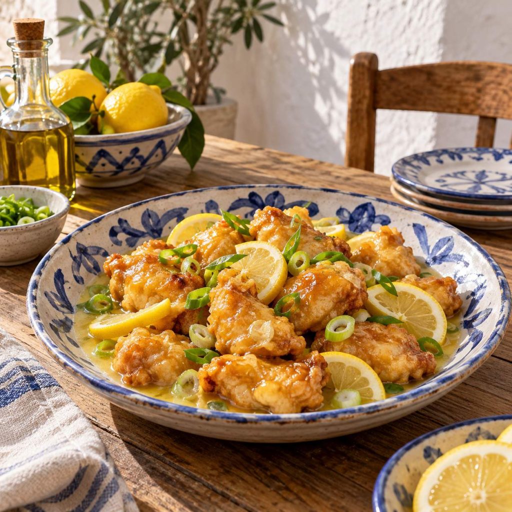 Lemon Chicken mit Zitronensauce – angerichtetes Gericht