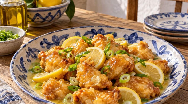 Lemon Chicken mit Zitronensauce – angerichtetes Gericht