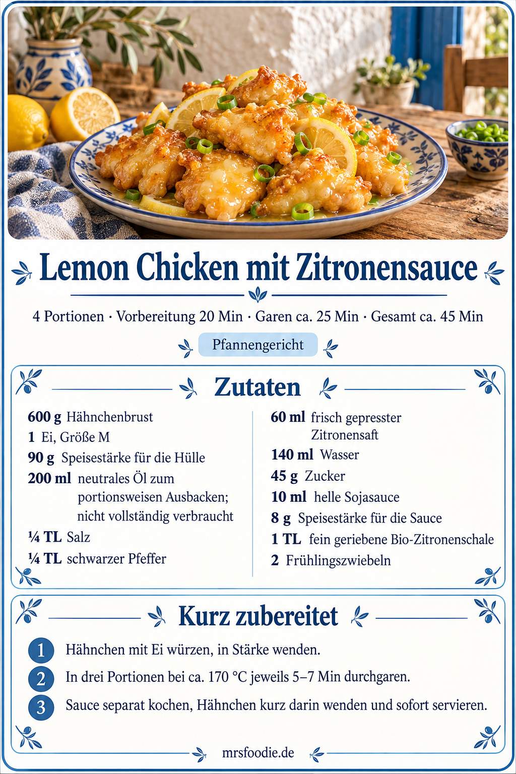Lemon Chicken mit Zitronensauce – Pinterest-Rezeptkarte mit Zutaten und Kurzanleitung