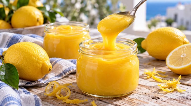 Lemon Curd mit ganzer Zitrone in zwei Gläsern mit Zitronen und einem Löffel Zitronencreme.