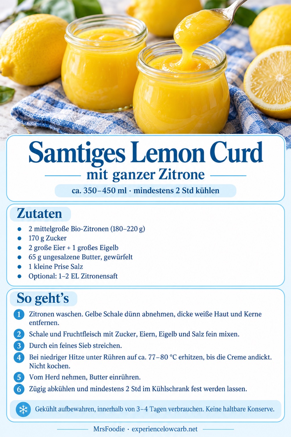 Pinterest-Rezeptkarte für Lemon Curd mit ganzer Zitrone mit Zutaten, Zubereitung und Kühlhinweisen.