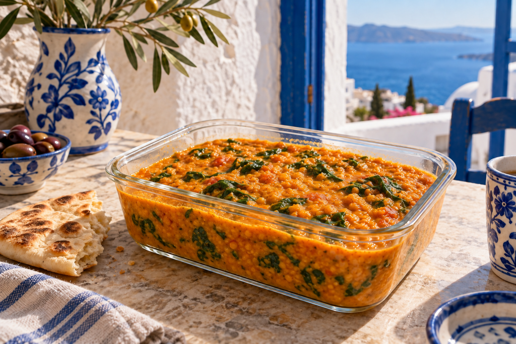 Sämiges rotes Linsen-Kokos-Curry mit Spinat und Tomaten in einem rechteckigen Glasbehälter.