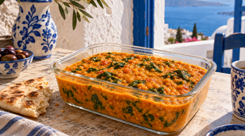Sämiges rotes Linsen-Kokos-Curry mit Spinat und Tomaten in einem rechteckigen Glasbehälter.