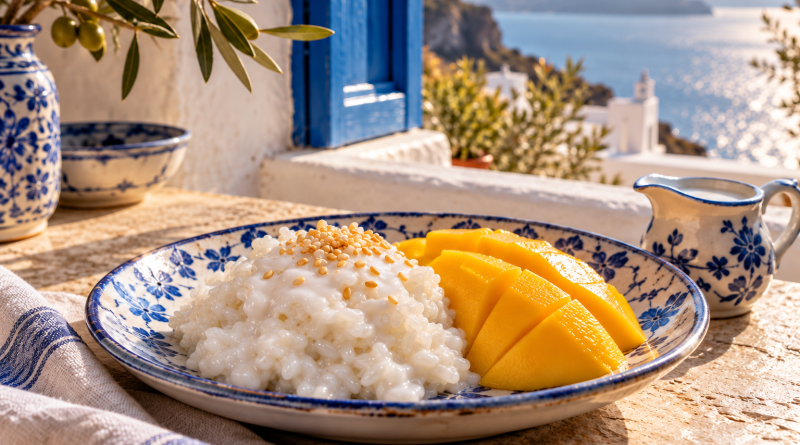 Cremiger Kokos-Klebreis mit untergemischter Kokossauce, zusätzlicher weißer Sauce und Mangoscheiben
