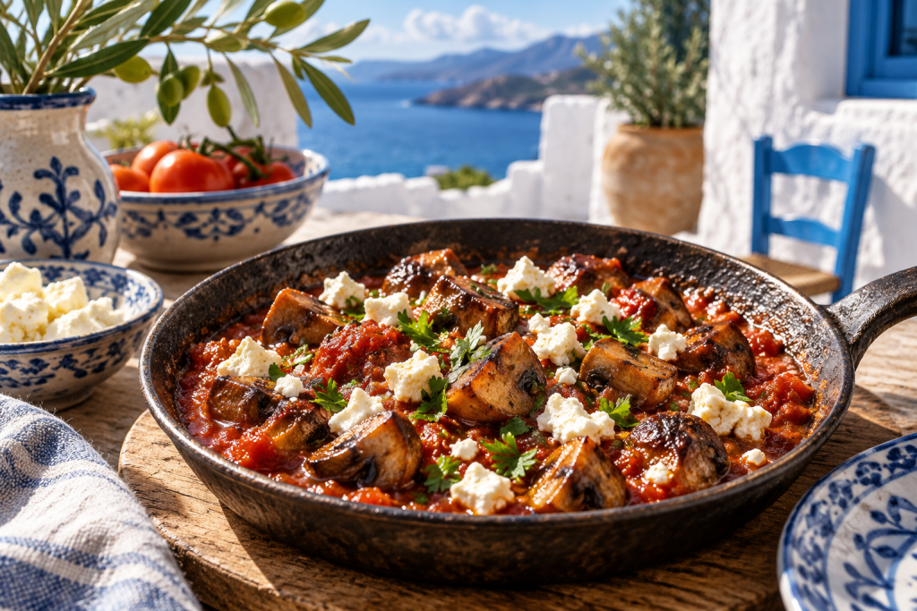 Manitaria Saganaki – Pilze mit Tomaten und Feta in einer warmen griechischen Küchenatmosphäre