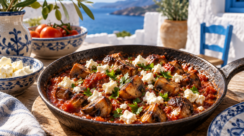 Manitaria Saganaki – Pilze mit Tomaten und Feta in einer warmen griechischen Küchenatmosphäre
