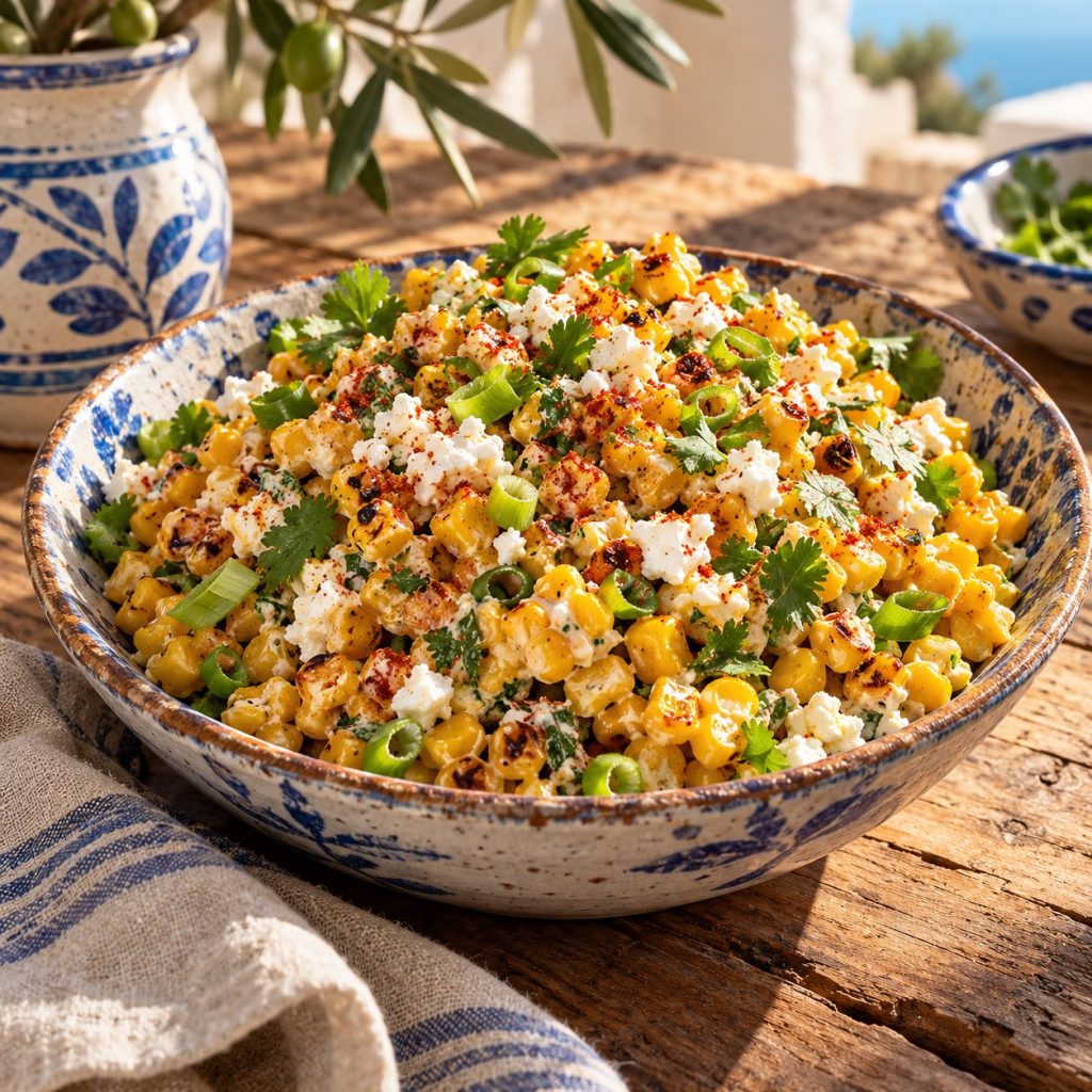 Mexican Street Corn Salad in einer rustikalen griechischen Küche