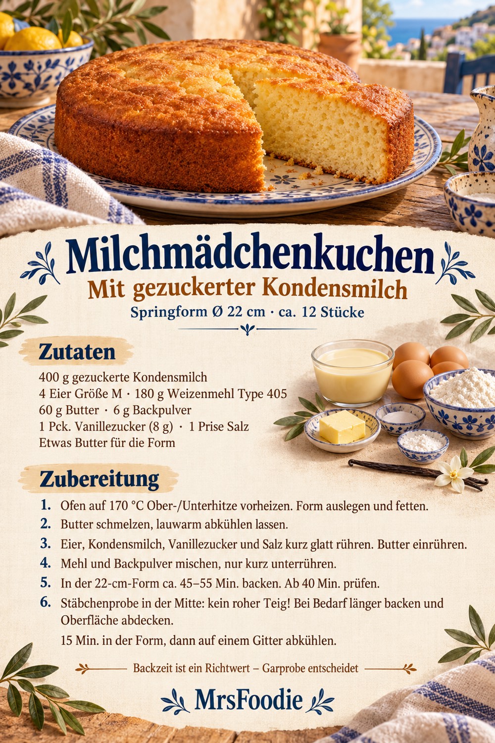 Pinterest-Rezeptkarte für Milchmädchenkuchen in einer 22-cm-Springform mit Zutaten, Backzeit und Stäbchenprobe.