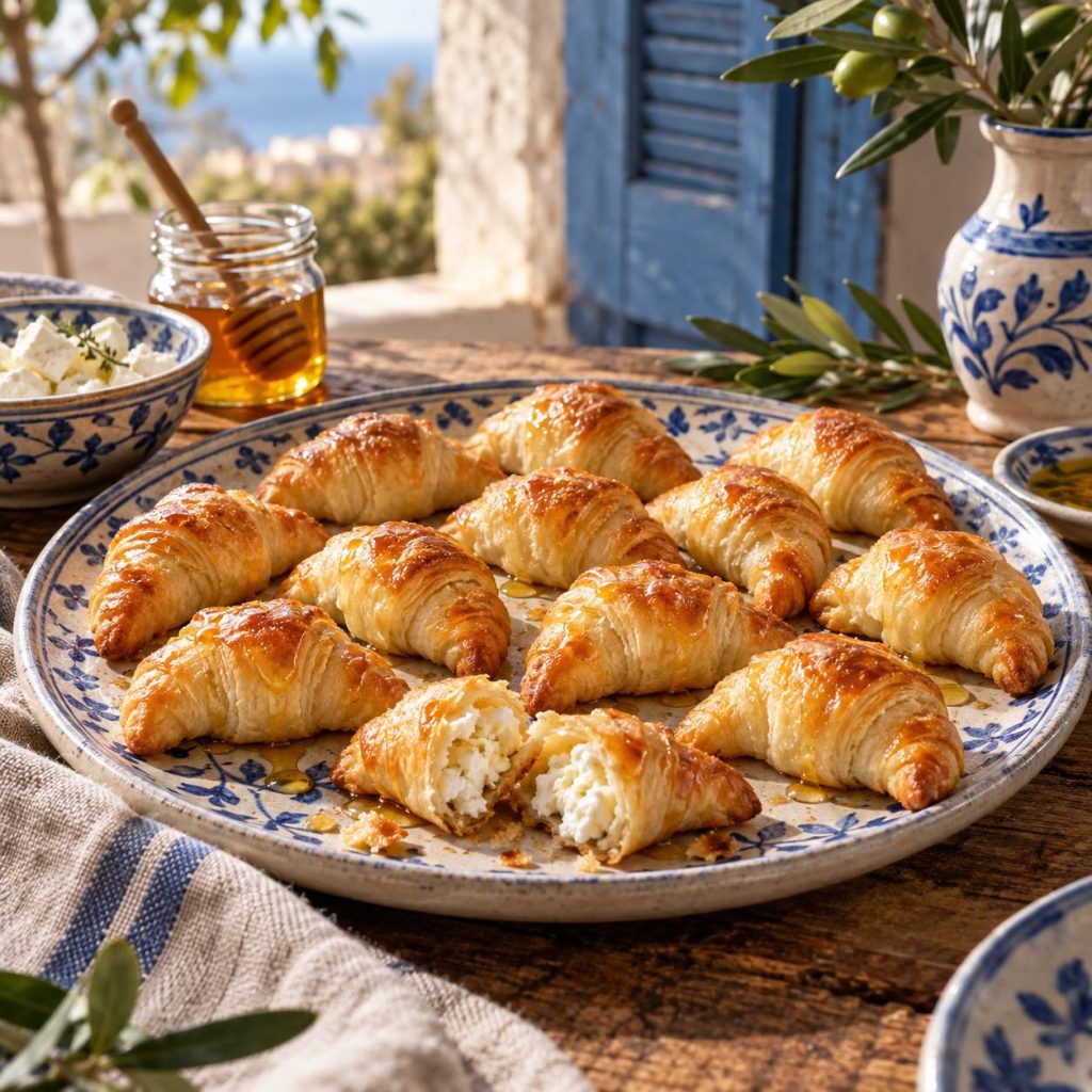 Mini-Croissants aus Blätterteig mit Feta und Honig